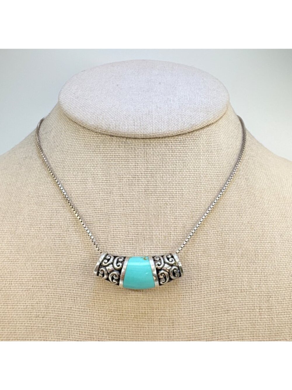 Turquoise & Sterling Silver 925 Scroll Slide Pendant Necklace Size 18" Length - Picture 2 of 13